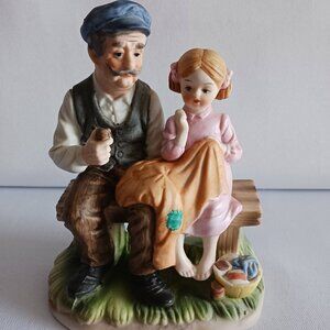Vintage Lefton Hand Painted Porcelain Grandfather & Granddaughter Sewing Figurin